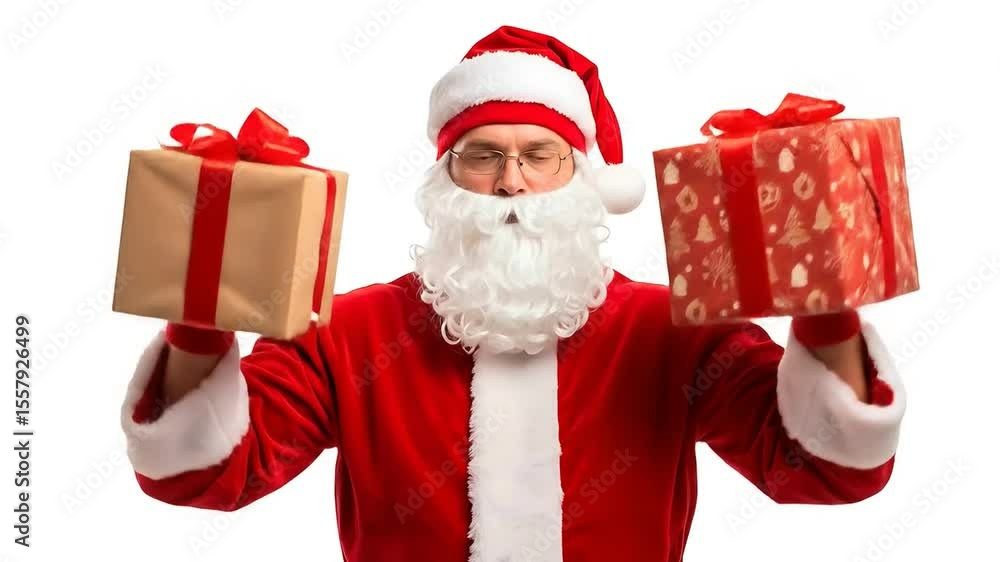 Santa claus holding christmas presents in both hands wearing glasses and a red suit on a white background Santa claus holding christmas presents in both hands wearing glasses and a red suit on a white background