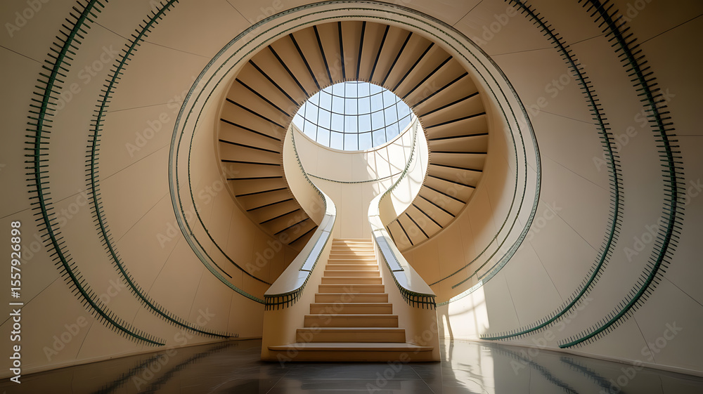 Fototapeta premium Circular staircase, light-filled interior, architectural design. 