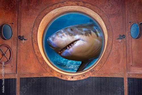 A menacing shark observed through the large round window of a retro submarine in a steampunk style