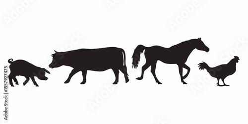 Farm animal silhouettes vector illustration featuring pig cow horse and chicken in black and white style