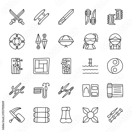 Ninja and Martial Arts Hand Drawn Icon Set – Doodle Style Weapons, Shuriken, Sword, Mask, Katana, Sai, Kunai, Scroll, Nunchaku, Throwing Star, Stealth Tools for Game, Animation, and Design