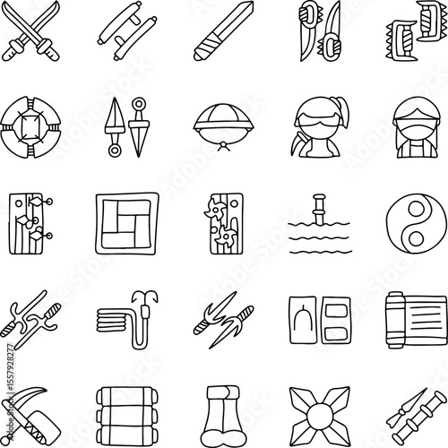 Ninja and Martial Arts Hand Drawn Icon Set – Doodle Style Weapons, Shuriken, Sword, Mask, Katana, Sai, Kunai, Scroll, Nunchaku, Throwing Star, Stealth Tools for Game, Animation, and Design