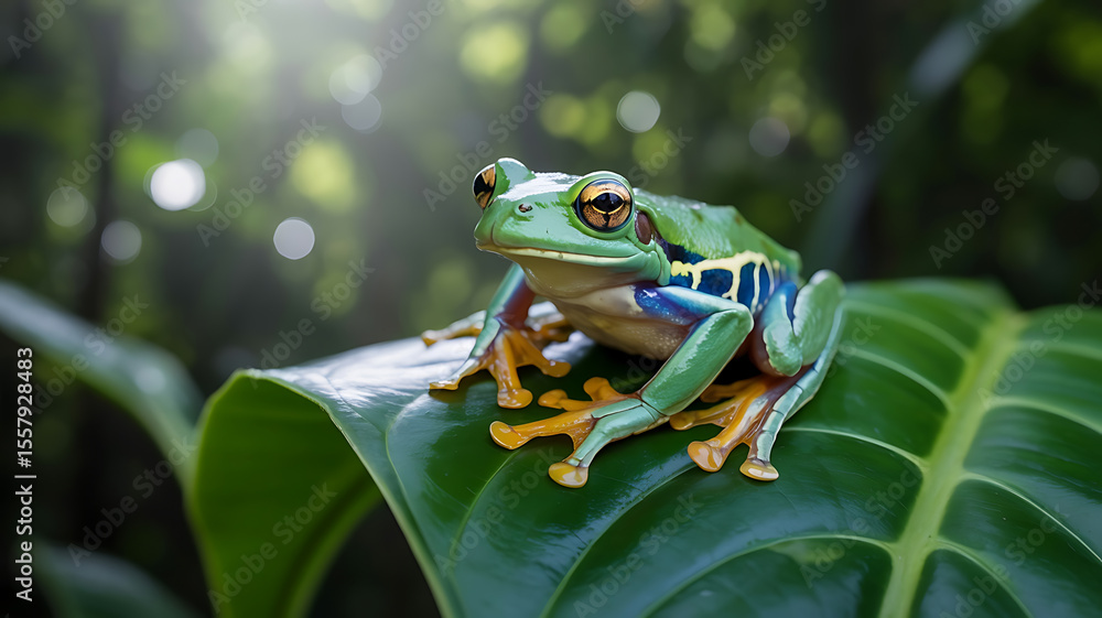 Fototapeta premium Colorful frog sits on a green leaf. 