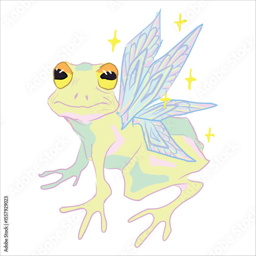 Frog with butterfly wings. Fairytale mystical creature. Fairy. Magical shimmer, stars. Nice gentle colors. Vector, hand-drawn illustration. Print for clothes, sketchbooks, cups.Sticker and logo design