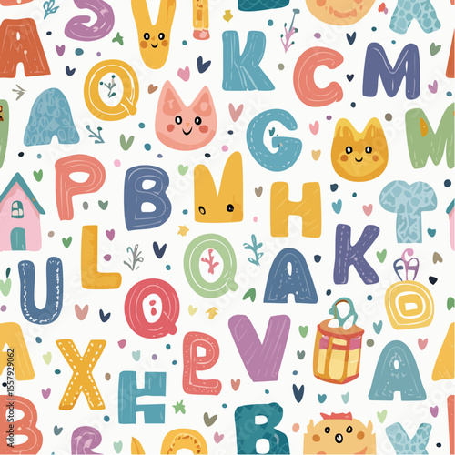 Colorful alphabet seamless vector pattern with cute letters, smiling faces, and playful dood 