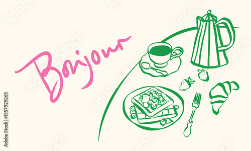 Whimsical doodles of french breakfast. Quirky icons of Italian food in simple crayon and sketch style. Trendy art for menus and dinner brunch invitations. La dolce vita vector illustration