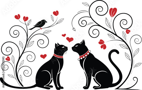 Elegant Black Cats in Love with Floral Accents and Bird