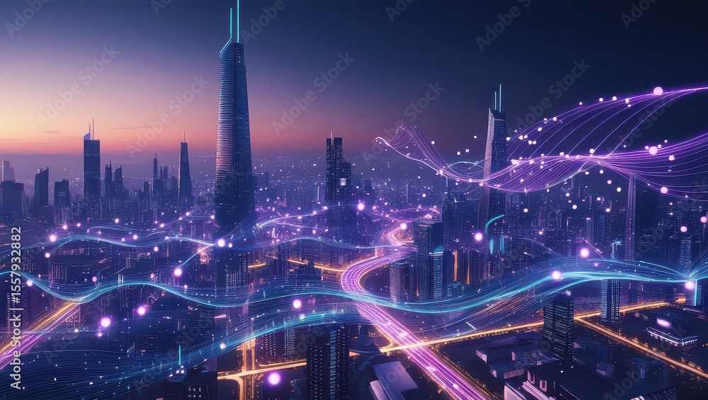 Fototapeta premium Futuristic city skyline with glowing data streams and modern architecture at dusk with purple hues