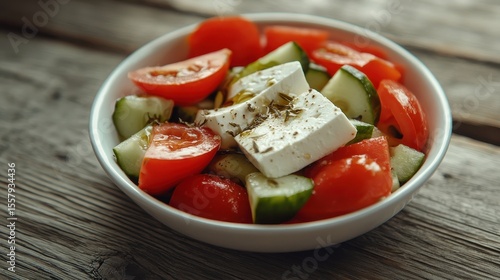 Fresh Vegetable Salad with Feta Cheese in White Bowl on Rustic Table
