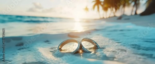 Two gold wedding rings are on a white sandy beach. The beach is near the ocean and has palm trees in the background. The scene is serene and romantic, with the rings symbolizing the love