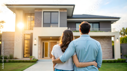 Couple standing in front of new home
