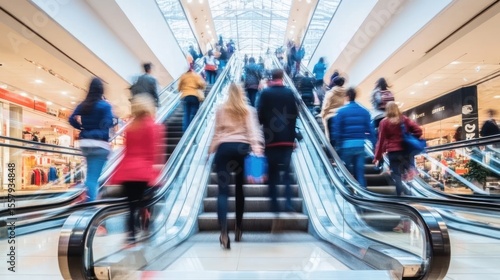 Crowded escalators in a large shopping mall