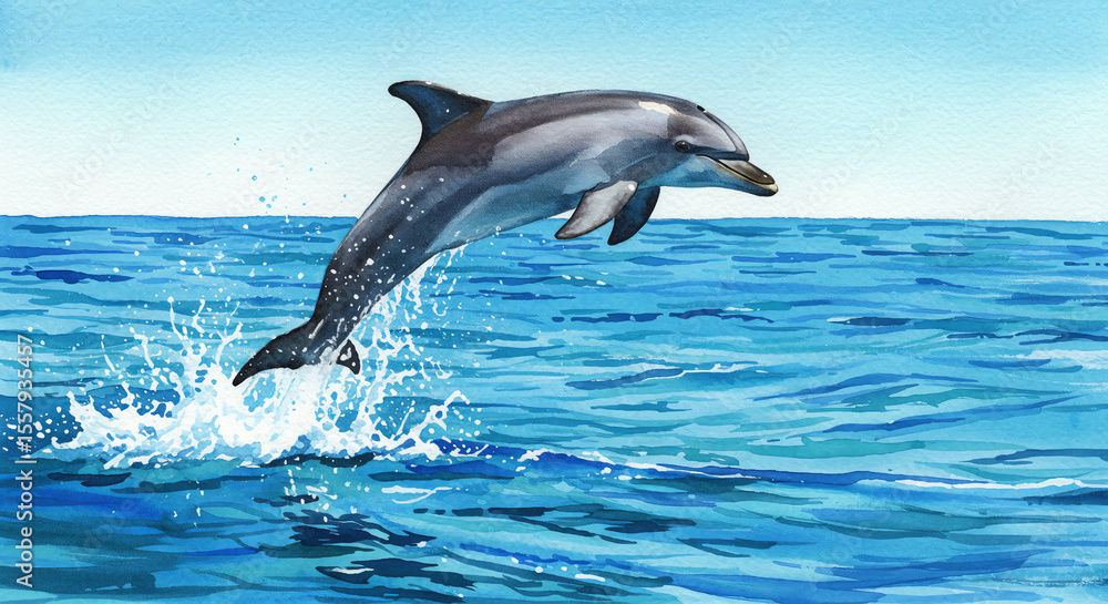 Fototapeta premium Watercolor painting of a dolphin jumping over ocean waves with bright blue tones and dynamic sea splashes