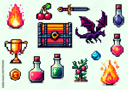 Pixel art vector illustration pack with colorful RPG game items: potions, chest, fire, dragon, sword, trophy, coin, and gems. Retro pixel style with bright hues, popular in indie games.