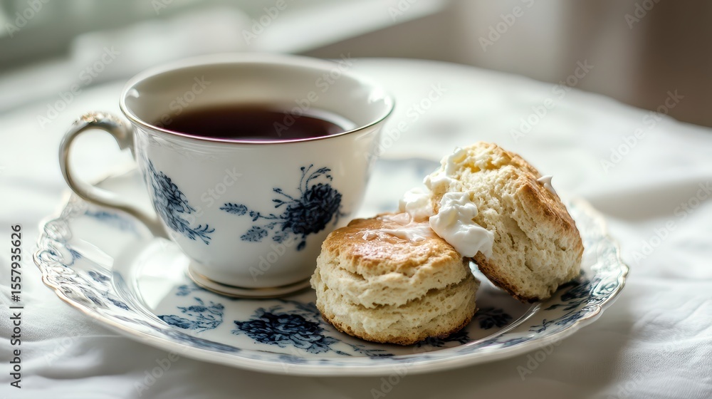 Freshly Baked Biscuits and a Cup of Tea on Elegant Plate Freshly Baked Biscuits and a Cup of Tea on Elegant Plate