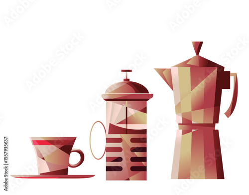 cubist scene of coffee, french and italian press and cup