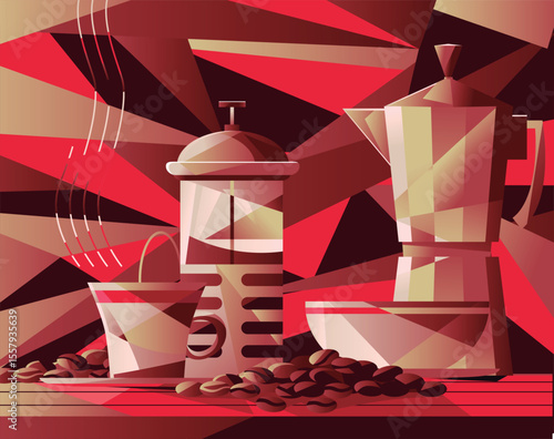 cubist scene of coffee, french and italian press and cup
