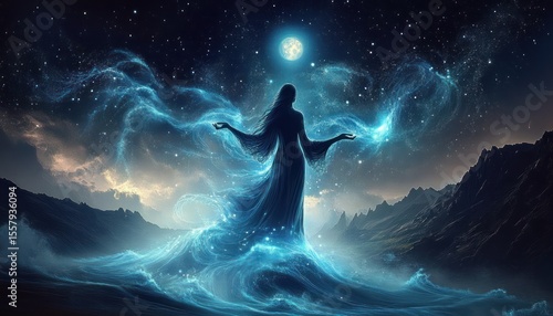 Mystical silhouette of a woman with flowing dress blending into swirling cosmic waves under a bright full moon in a starry night over mountainous landscape