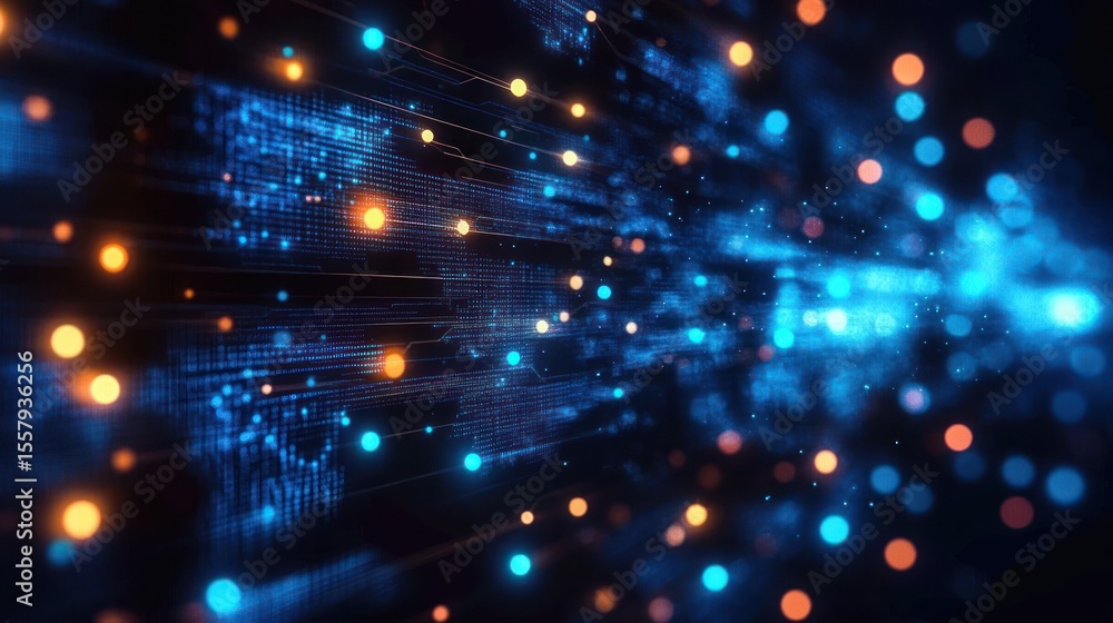 Obraz premium Abstract digital data streams with glowing blue and orange light particles representing futuristic technology and information flow in a dark space