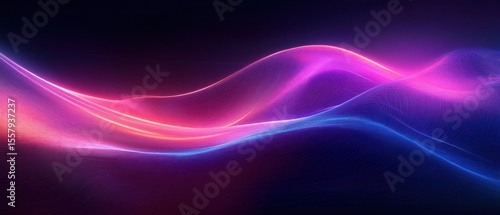 Abstract flowing waves of neon light in pink and blue hues on dark background with smooth gradient and curved lines evoking futuristic and dynamic energy