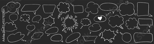 Outline chalk textured speech bubbles set. Different blank chat empty dialog balloon. Comic cloud bubble shapes. Hand drawn grunge pencil doodle conversation message icon. Vector illustration isolated
