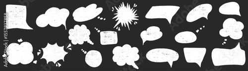 Pastel chalk textured speech bubbles set. Different blank chat empty dialog balloon. Comic cloud bubble shapes. Hand drawn grunge pencil doodle conversation message icon. Vector illustration isolated