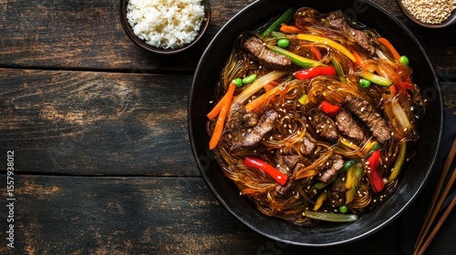 Delicious stir-fried noodles with colorful vegetables and beef strips