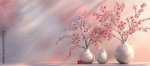 Delicate pink cherry blossoms in white vases