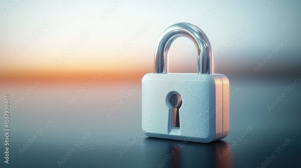 Fototapeta premium A silver and gray padlock standing upright on a reflective surface with a soft gradient background of warm and cool tones during sunset or sunrise