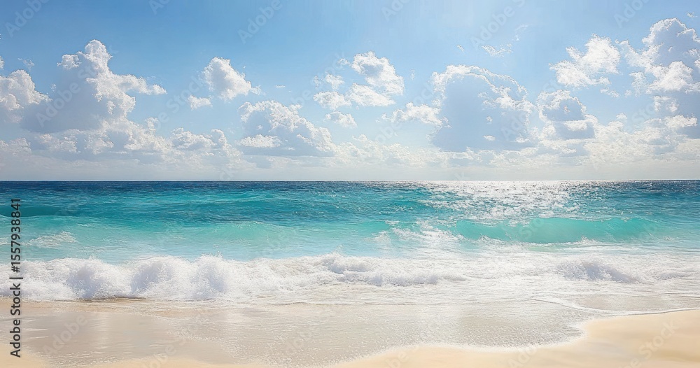 Fototapeta premium Calm ocean waves gently rolling onto a sandy beach under a bright blue sky with scattered fluffy white clouds