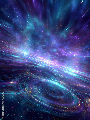 A breathtaking sci-fi dark horizon viewed as if moving forward at the speed of light, with vibrant, ethereal trails stretching into the distance. The scene is filled with intricate, glowing particles