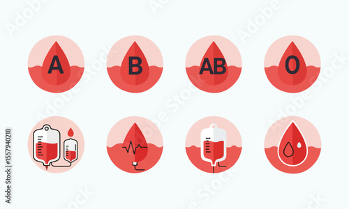 Blood Types Icons A, B, AB, O, Donation, Transfusion - Medical Vector Graphics