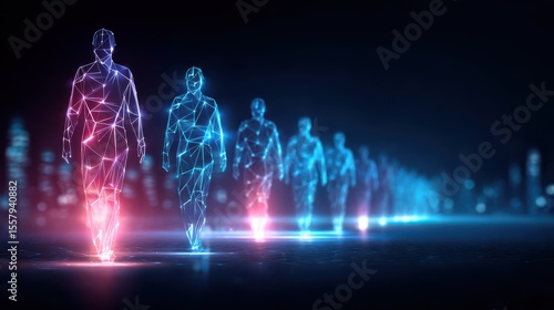 Project concept for enhancing labor skills. Futuristic digital humans composed of glowing neon lines walk forward in a dark, sci-fi cityscape with vibrant blue and pink light effects.