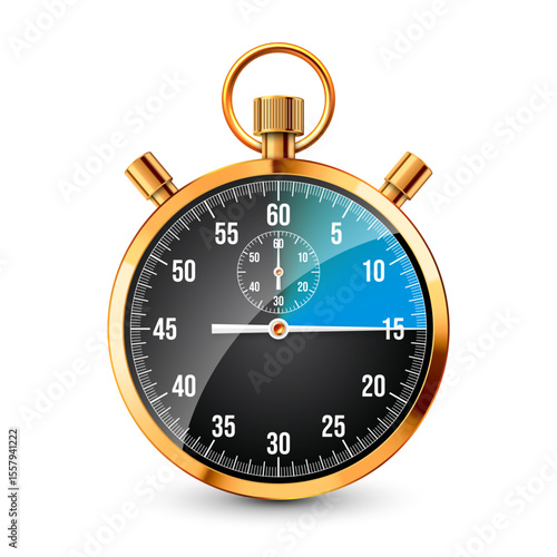 Realistic classic stopwatch. Shiny golden metal chronometer, time counter with dial. Blue countdown timer showing minutes and seconds. Time measurement for sport, start, finish. Vector illustration