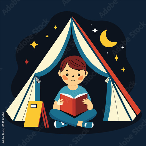 Boy reading a book under tent camping at night with stars and moon illustration