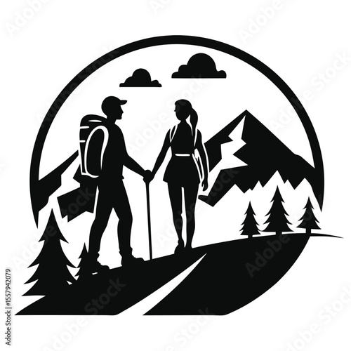Couple hiking together in mountains silhouette depicting outdoor adventure