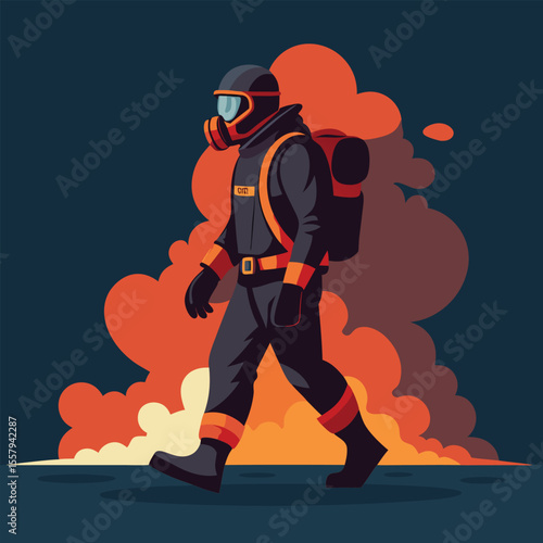 Courageous firefighter walking toward flames with essential protective gear and equipment