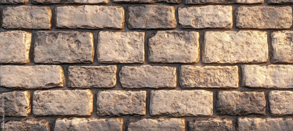 Naklejka premium rough stone brick wall illuminated by warm sunlight showing texture and pattern of rectangular blocks