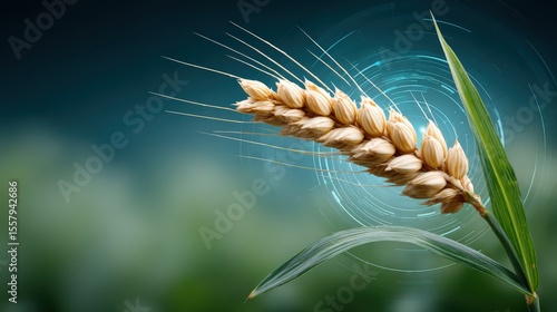 5G in agriculture, Close-up of a golden wheat ear with digital futuristic circular graphics in the green blurred background.