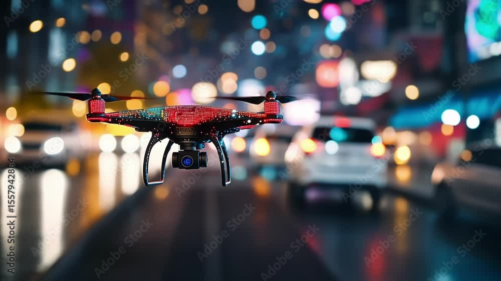 Modern quadcopter drone flying over blurred city street at night, recording video and capturing images with camera, futuristic technology concept