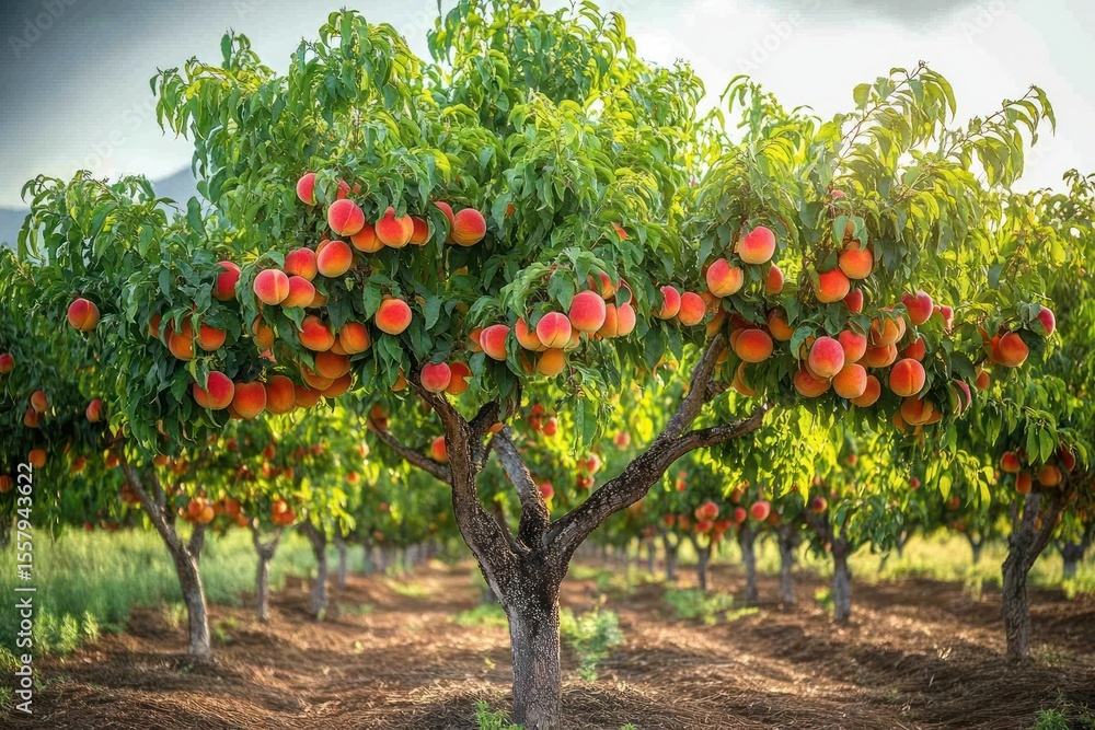 Fototapeta premium Lush peach orchard with ripe orange peaches hanging from green leafy trees in neat rows under bright sunlight