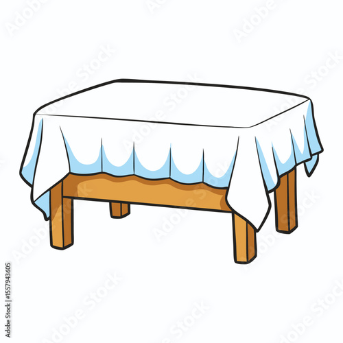 A cozy cartoon table draped with a crisp white cloth, softly flowing over the edges, perfect for a friendly meal or charming tea-time scene.
