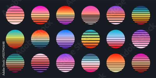 Vintage colorful sunset. Striped gradient sunrise badges in 80s and 90s style. Sun and ocean view, summer vibes, surfing. Design element for print, logo or t-shirt. Vector illustration