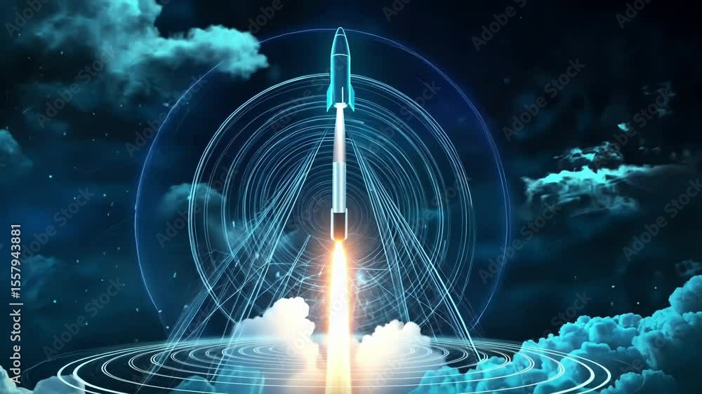 Futuristic rocket ship launching into space through a cloud computing ...