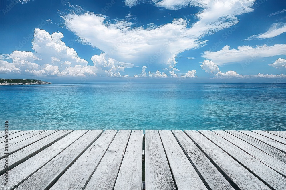 Fototapeta premium Wooden pier extending out over calm blue ocean water under a bright sky filled with fluffy white clouds