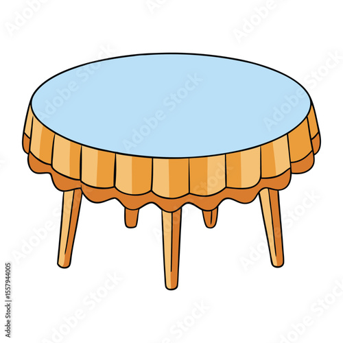 A round table covered with a flowing tablecloth, draping softly to the floor, creating a warm, elegant setting perfect for dining, gatherings, or cozy conversations.
