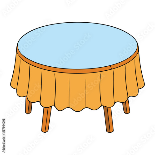 A round table covered with a flowing tablecloth, draping softly to the floor, creating a warm, elegant setting perfect for dining, gatherings, or cozy conversations.
