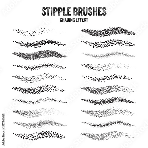 Ink scatter brush, stipple drawing and texturing. Fading gradient. Stippling, dotwork drawing, shading using dots. Halftone disintegration effect. White noise grainy texture. Vector illustration