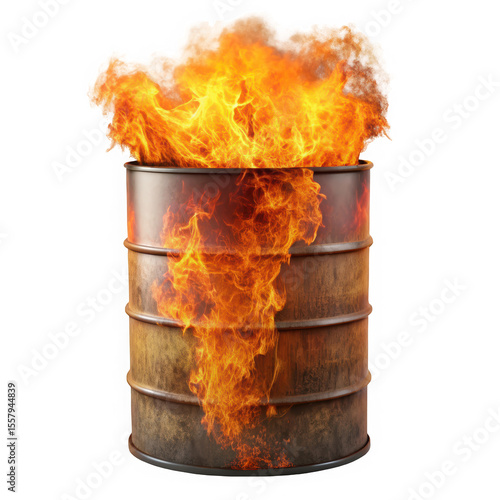A dramatic scene featuring a flaming barrel with vibrant orange and yellow flames erupting from the top, creating a captivating visual of fire and chaos.