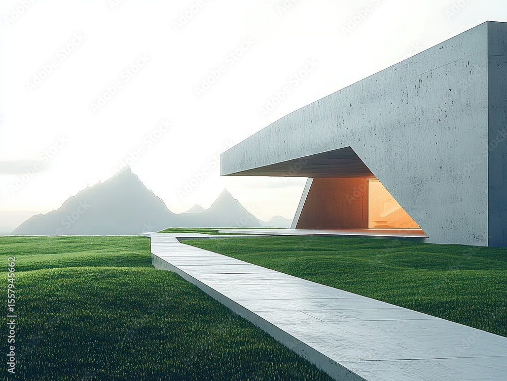 Fototapeta premium Modern concrete building with angular architecture situated on lush green grass near mountainous landscape at sunset with warm interior lighting